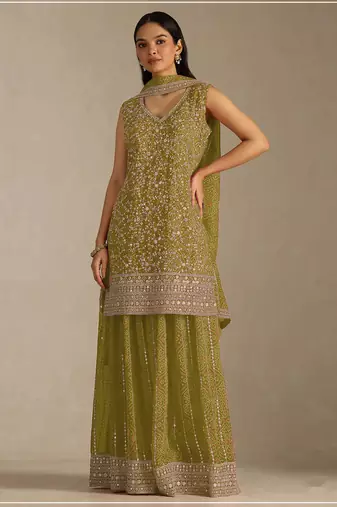 Yellowish green color digital printed embroideried faux georgette semi stitched salwar suit