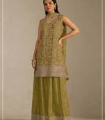 Yellowish green color digital printed embroideried faux georgette semi stitched salwar suit