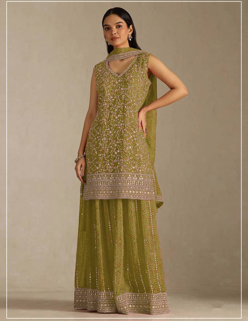 Yellowish green color digital printed embroideried faux georgette semi stitched salwar suit