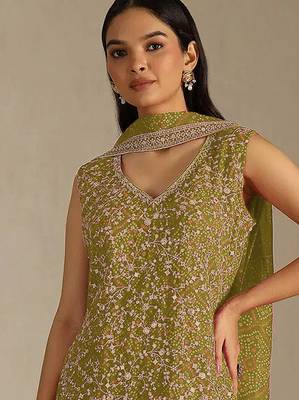 Yellowish green color digital printed embroideried faux georgette semi stitched salwar suit 2