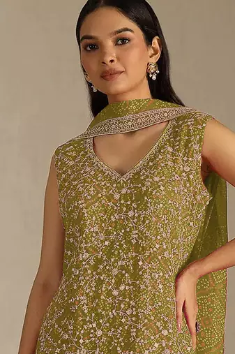 Yellowish green color digital printed embroideried faux georgette semi stitched salwar suit