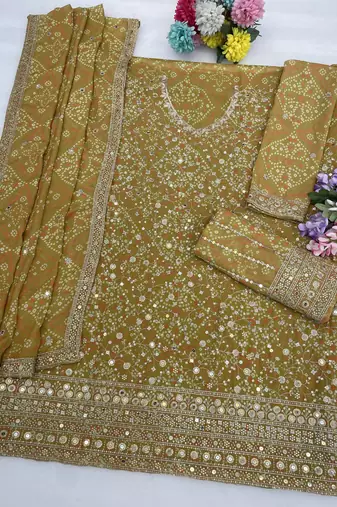 Yellowish green color digital printed embroideried faux georgette semi stitched salwar suit