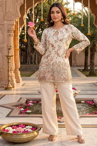 Off-white embroidered straight kurta with pant set