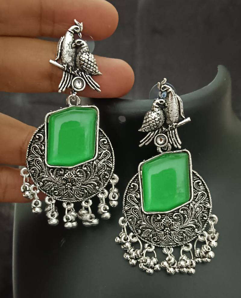 Green monalisa cz stones bird silver replica earrings set