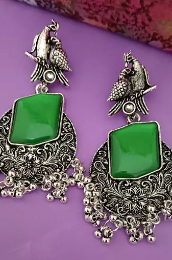 Green monalisa cz stones bird silver replica earrings set