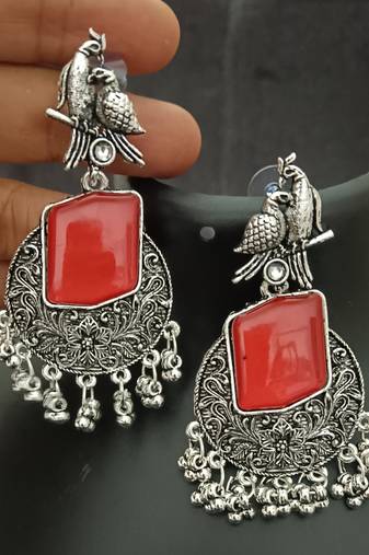 Red monalisa cz stones bird silver replica earrings set