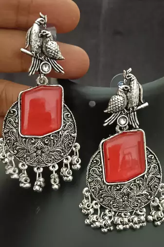 Red monalisa cz stones bird silver replica earrings set