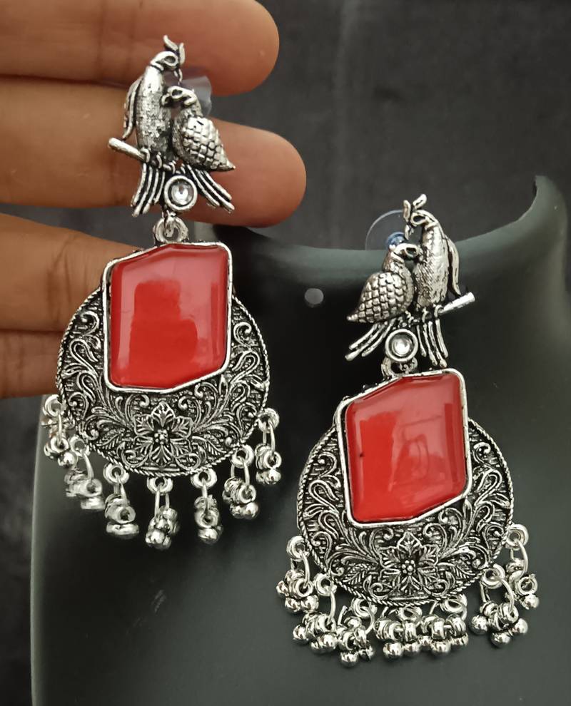 Red monalisa cz stones bird silver replica earrings set