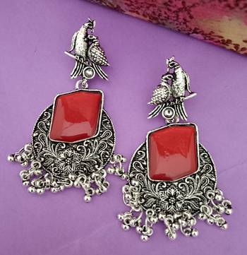 Red monalisa cz stones bird silver replica earrings set 2