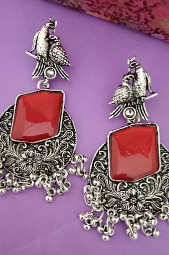 Red monalisa cz stones bird silver replica earrings set