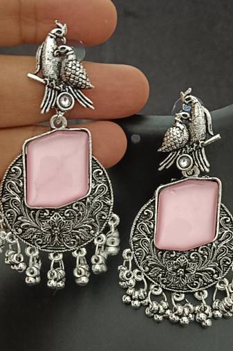 Pink monalisa cz stones bird silver replica earrings set