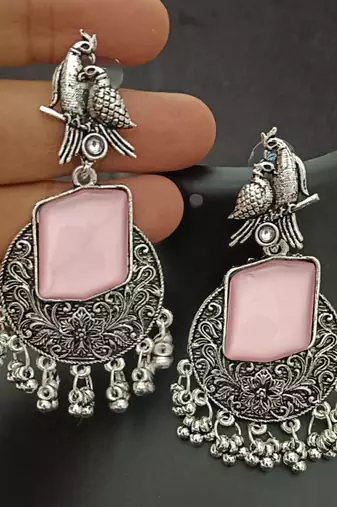 Pink monalisa cz stones bird silver replica earrings set