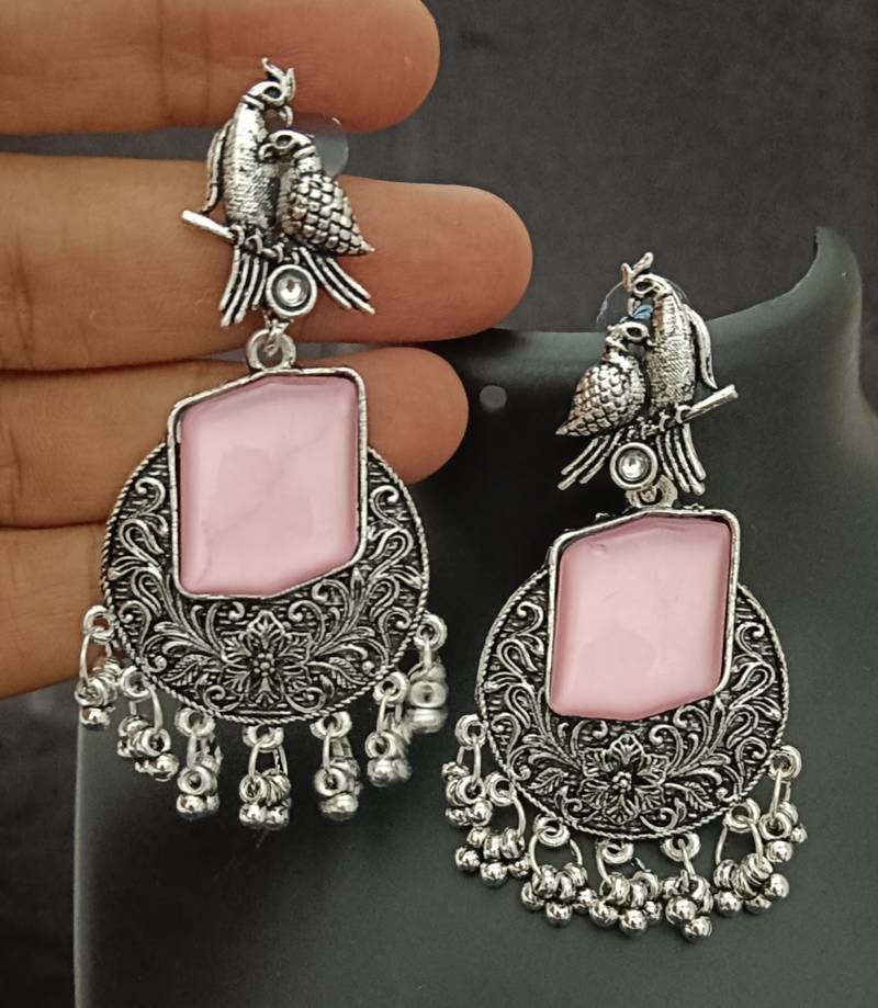 Pink monalisa cz stones bird silver replica earrings set
