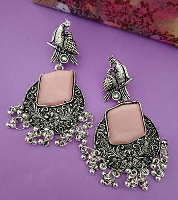 Pink monalisa cz stones bird silver replica earrings set 2