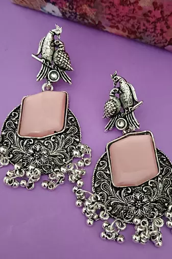 Pink monalisa cz stones bird silver replica earrings set