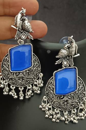 Blue monalisa cz stones bird silver replica earrings set