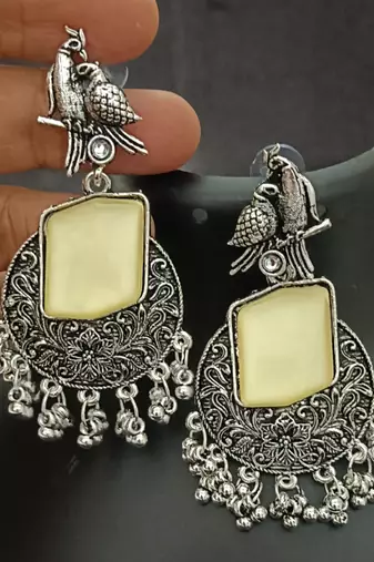 Cream monalisa cz stones bird silver replica earrings set