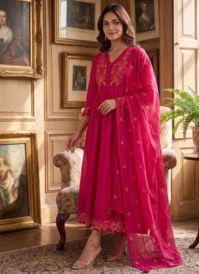  hot pink flared anarkali kurti and dupatta set for women 1
