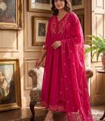 Elegant hot pink flared anarkali kurti and dupatta set for women