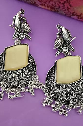 Cream monalisa cz stones bird silver replica earrings set
