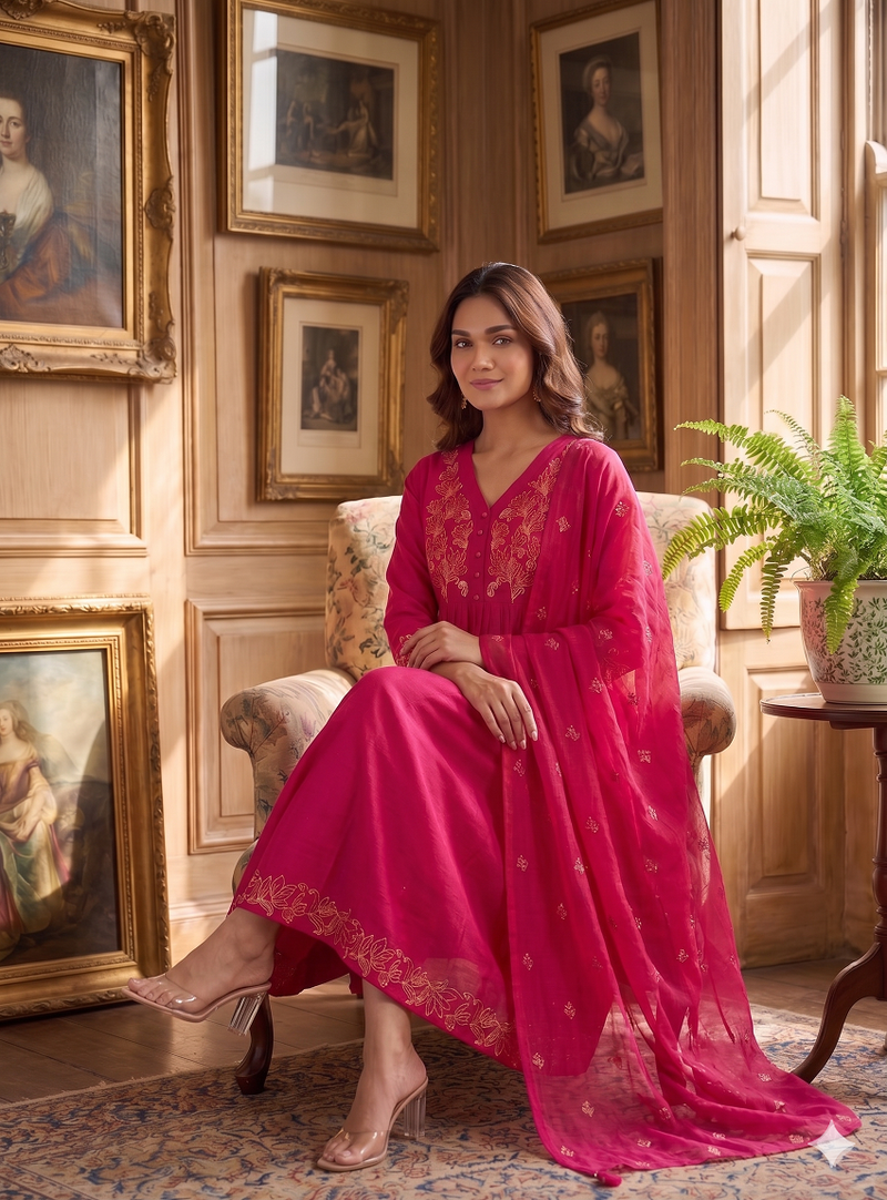 Elegant hot pink flared anarkali kurti and dupatta set for women
