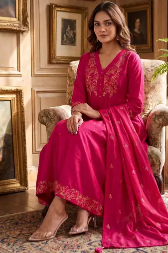 Elegant hot pink flared anarkali kurti and dupatta set for women