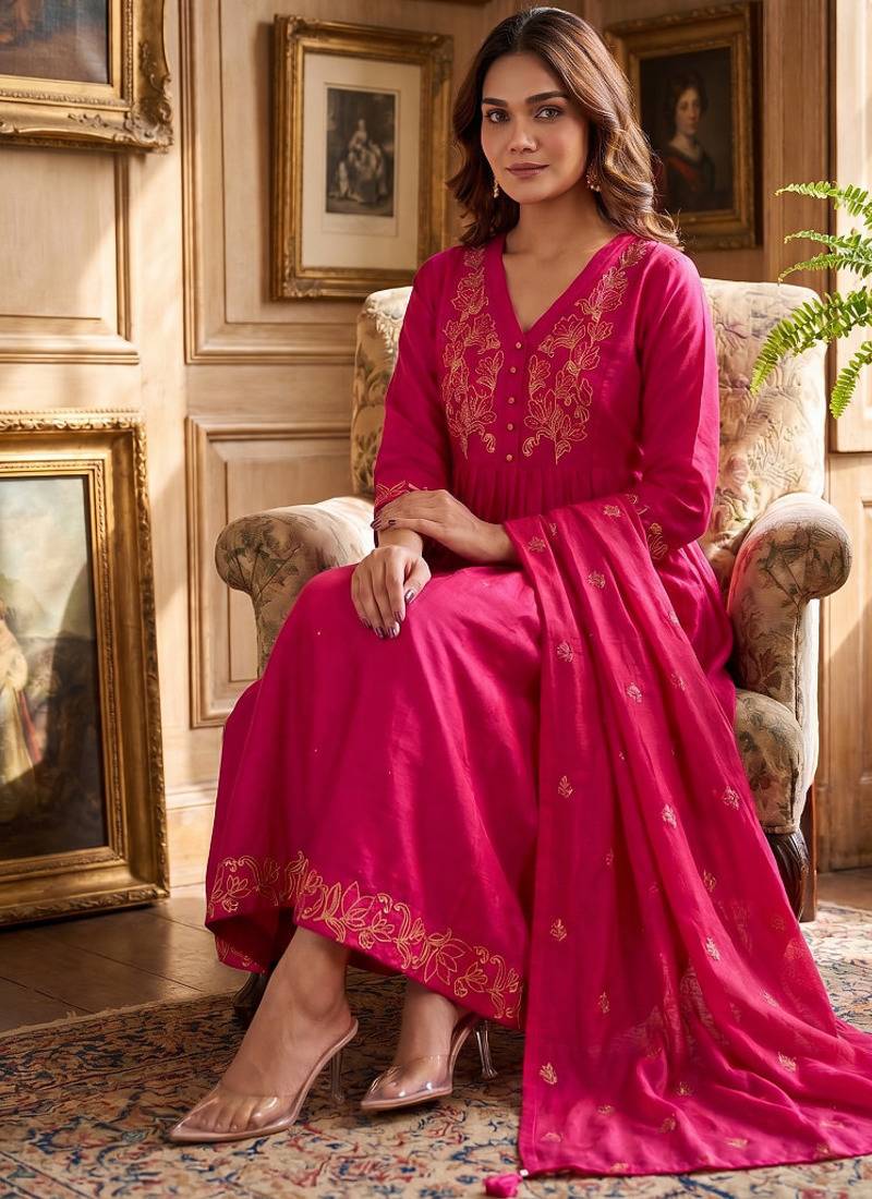 Elegant hot pink flared anarkali kurti and dupatta set for women