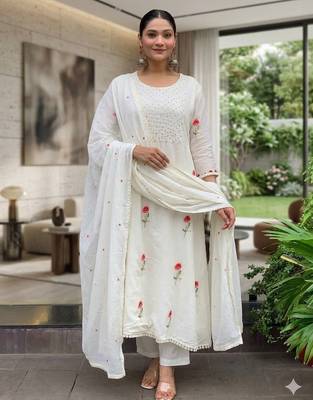  white straight kurti pant set with rose motif embroidery for women 1