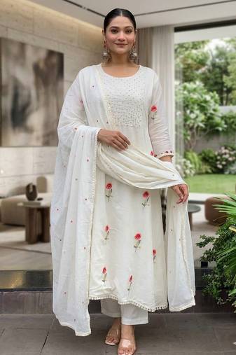 Elegant white straight kurti pant set with rose motif embroidery for women