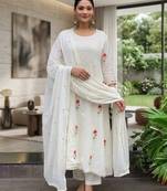 Elegant white straight kurti pant set with rose motif embroidery for women