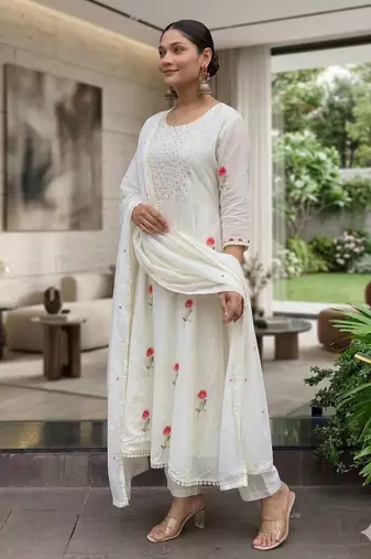 Elegant white straight kurti pant set with rose motif embroidery for women