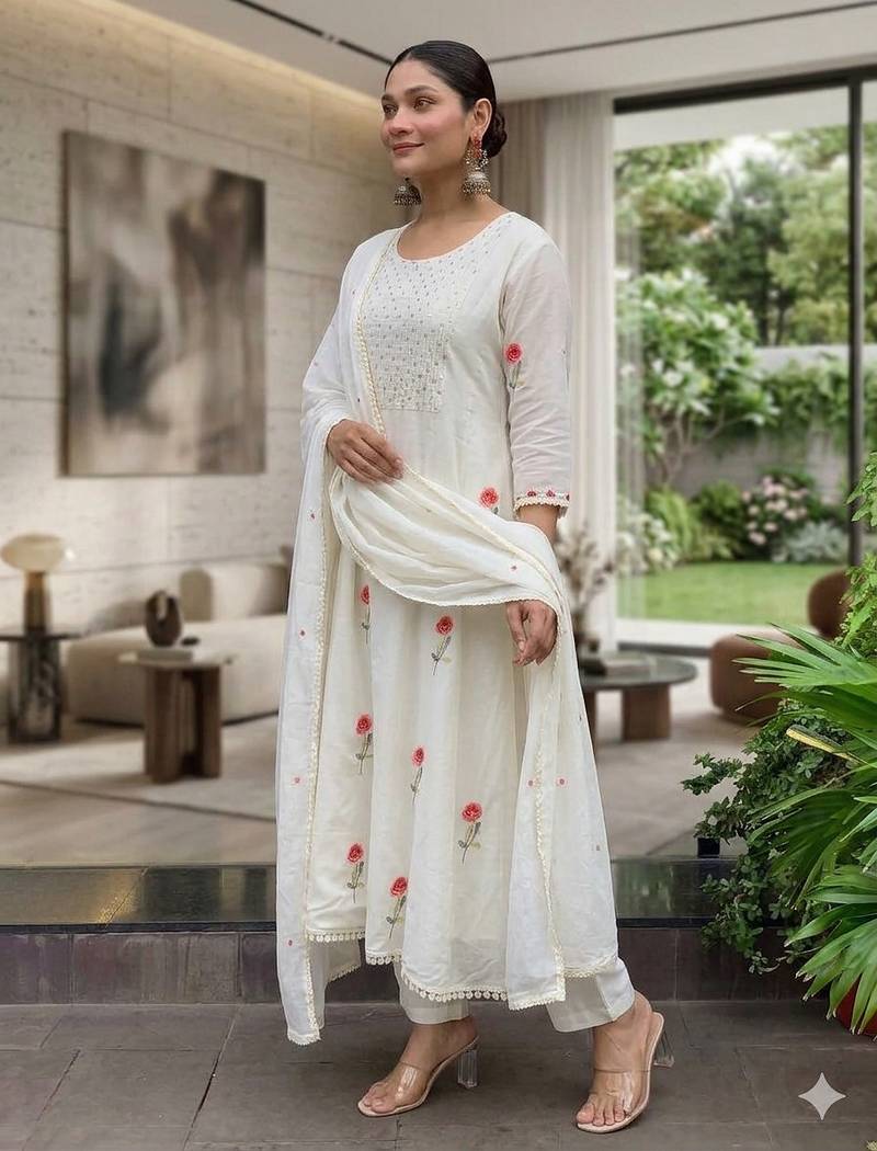 Elegant white straight kurti pant set with rose motif embroidery for women