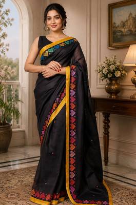 balck chanderi cotton printed ready to wear saree with unstitched blouse piece 1