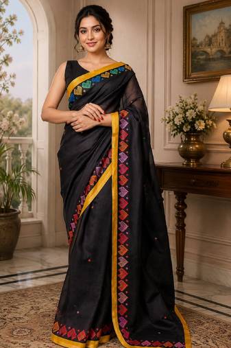 balck chanderi cotton printed ready to wear saree with unstitched blouse piece