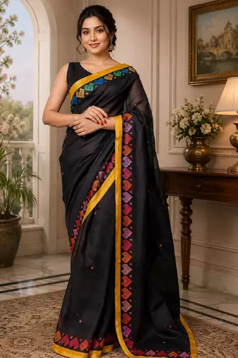 balck chanderi cotton printed ready to wear saree with unstitched blouse piece