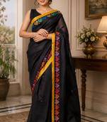 balck chanderi cotton printed ready to wear saree with unstitched blouse piece