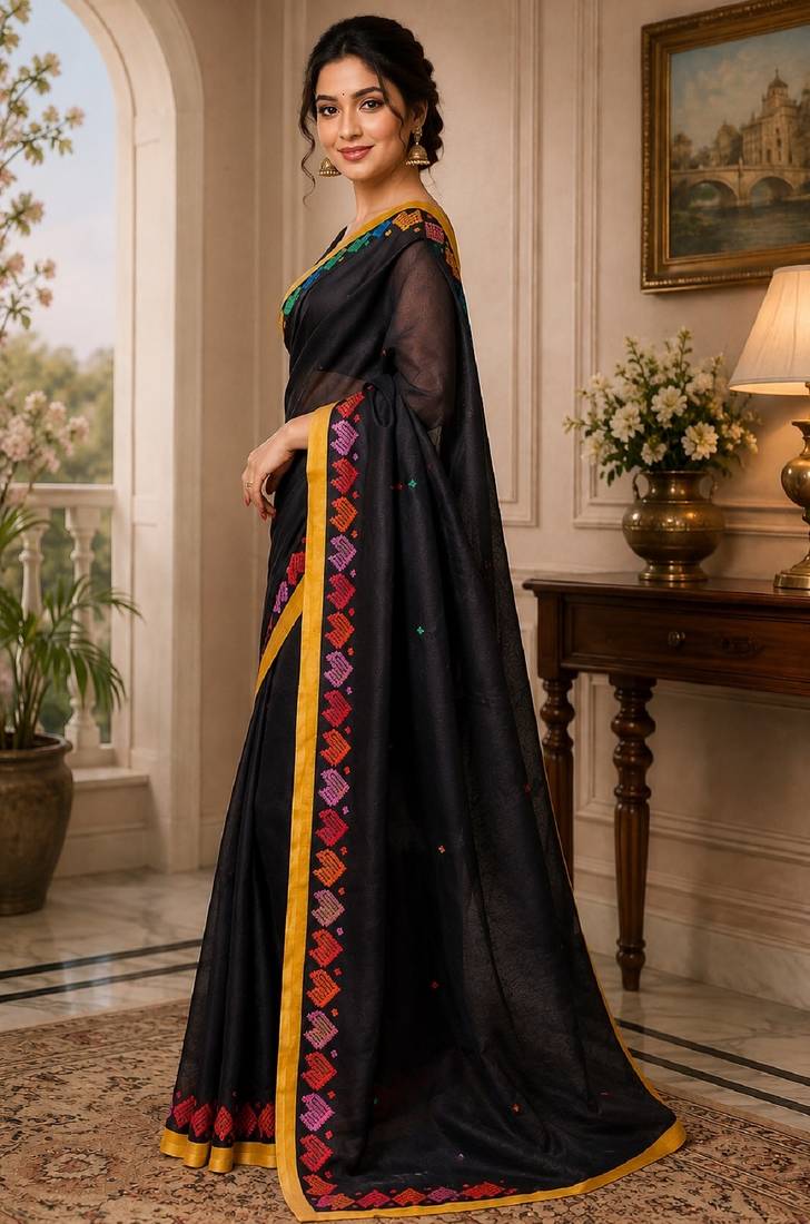 balck chanderi cotton printed ready to wear saree with unstitched blouse piece