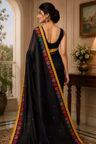 balck chanderi cotton printed ready to wear saree with unstitched blouse piece