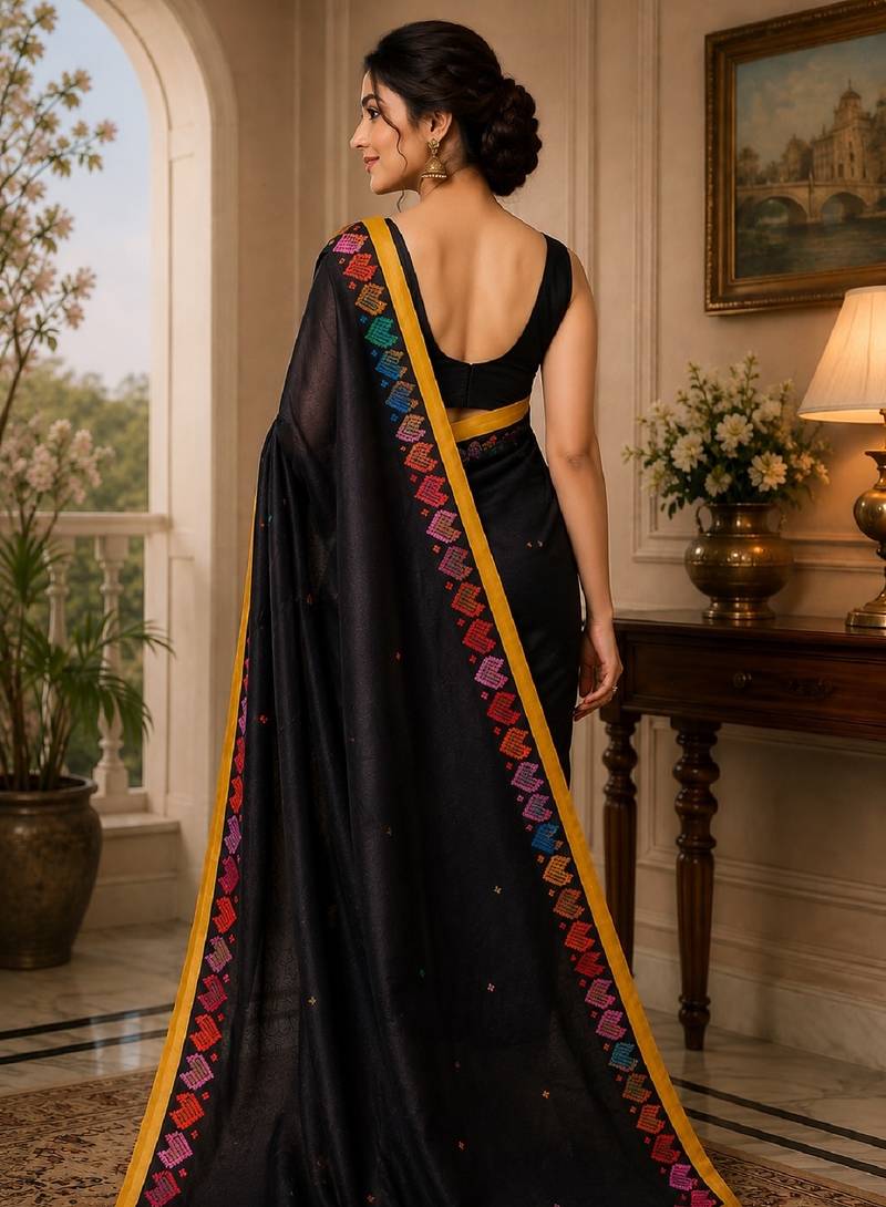balck chanderi cotton printed ready to wear saree with unstitched blouse piece