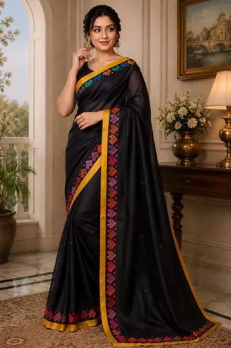 balck chanderi cotton printed ready to wear saree with unstitched blouse piece