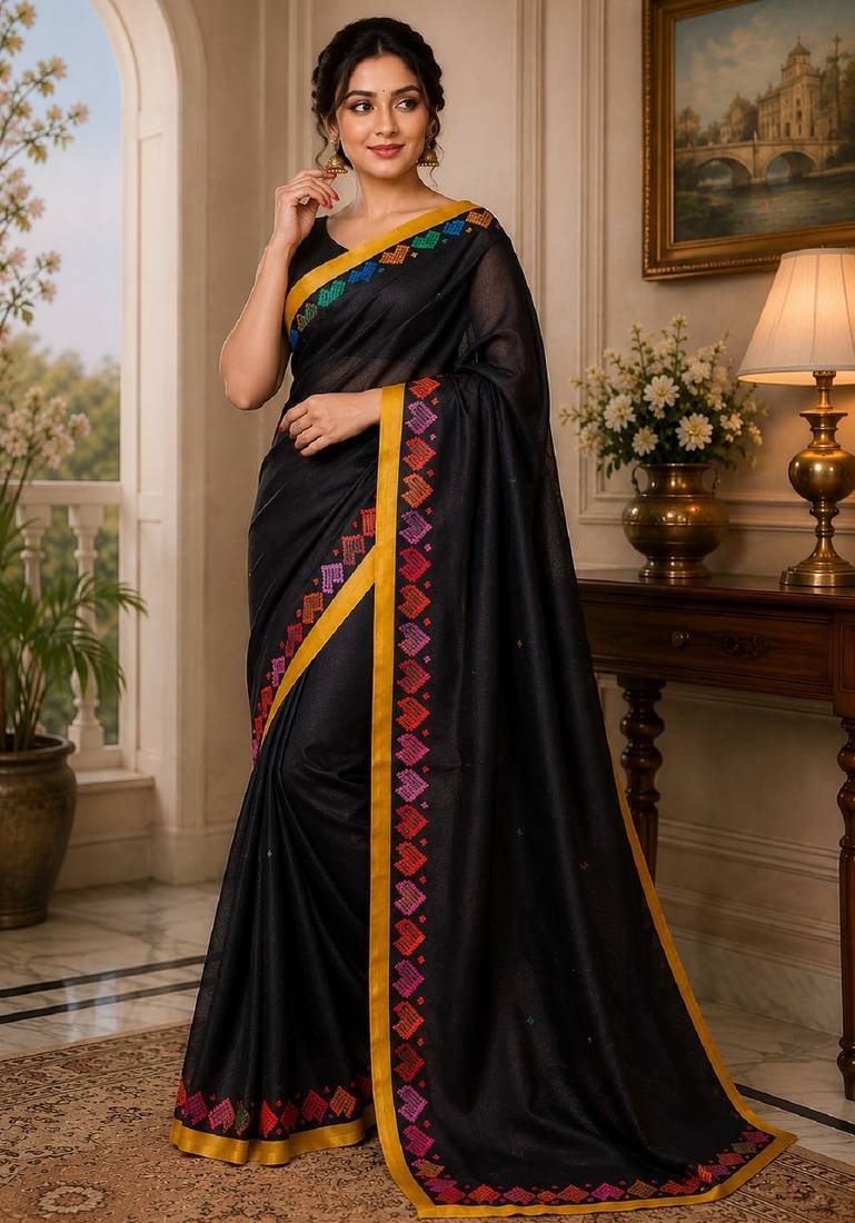 balck chanderi cotton printed ready to wear saree with unstitched blouse piece