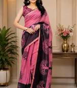 pink chanderi cotton printed ready to wear saree with unstitched blouse piece