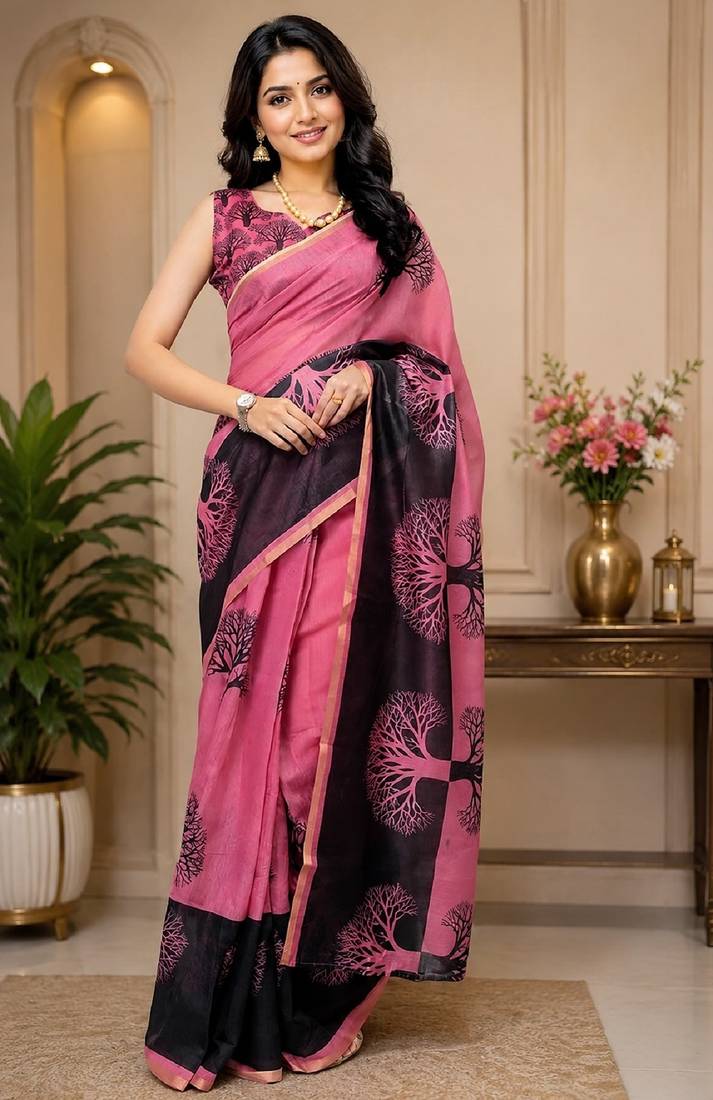 pink chanderi cotton printed ready to wear saree with unstitched blouse piece