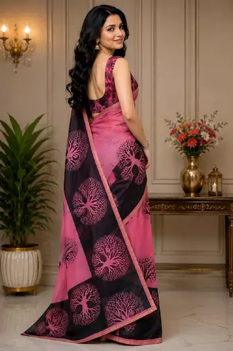 pink chanderi cotton printed ready to wear saree with unstitched blouse piece