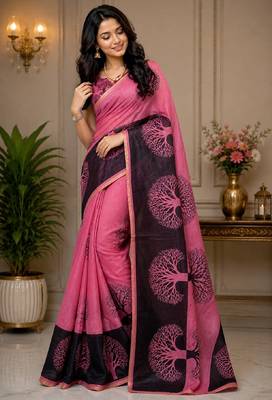 pink chanderi cotton printed ready to wear saree with unstitched blouse piece 4