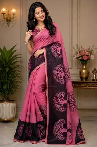 pink chanderi cotton printed ready to wear saree with unstitched blouse piece