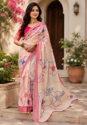 off white pink chanderi cotton printed ready to wear saree with unstitched blouse piece 1