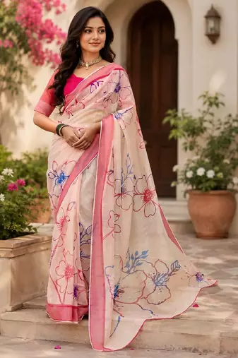 off white pink chanderi cotton printed ready to wear saree with unstitched blouse piece