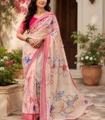 off white pink chanderi cotton printed ready to wear saree with unstitched blouse piece