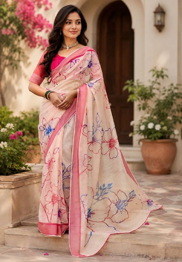 off white pink chanderi cotton printed ready to wear saree with unstitched blouse piece
